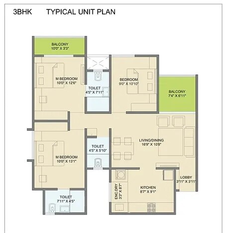 Floor plan of 3 BHK 902 Sq. Ft. Apartment in Mangalam Miraya, Pune