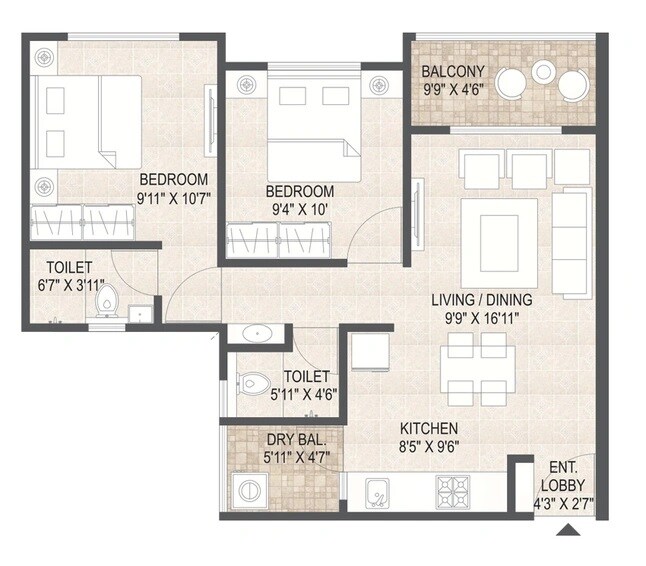 Floor plan of 2 BHK Apartment - 574 sq. ft. in Mangalam Paradise, Pune