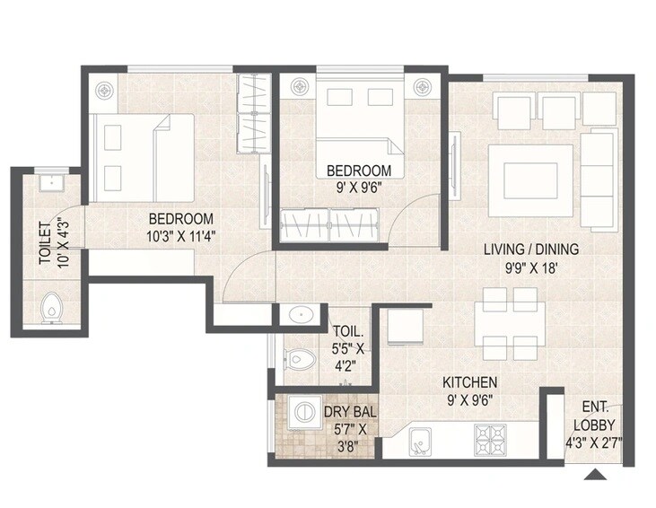 Floor plan of 2 BHK Apartment - 688 sq. ft. in Mangalam Paradise, Pune