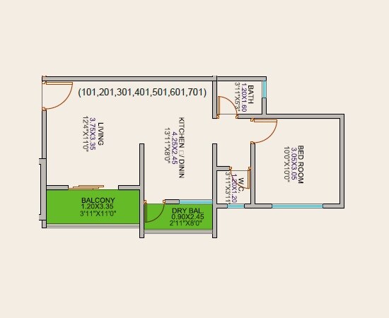Floor plan of 1 BHK 420 Sq. Ft. Apartment in Mangaldeep 15 M Street, Pune