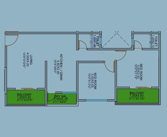 Floor plan of 2 BHK 613 Sq. Ft. Apartment in Mangaldeep 15 M Street, Pune