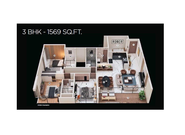 Floor plan of 3 BHK 1569 Sq. Ft. Apartment in Manisha 64 Hills, Pune