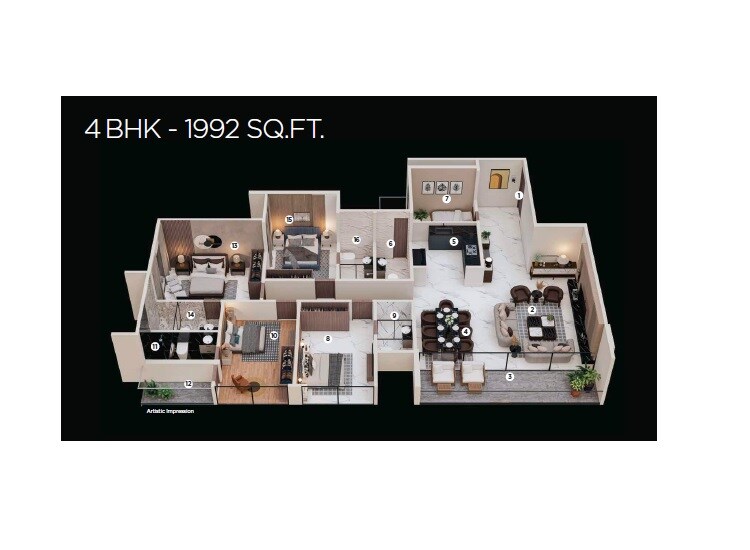 Floor plan of 4 BHK 1992 Sq. Ft. Apartment in Manisha 64 Hills, Pune