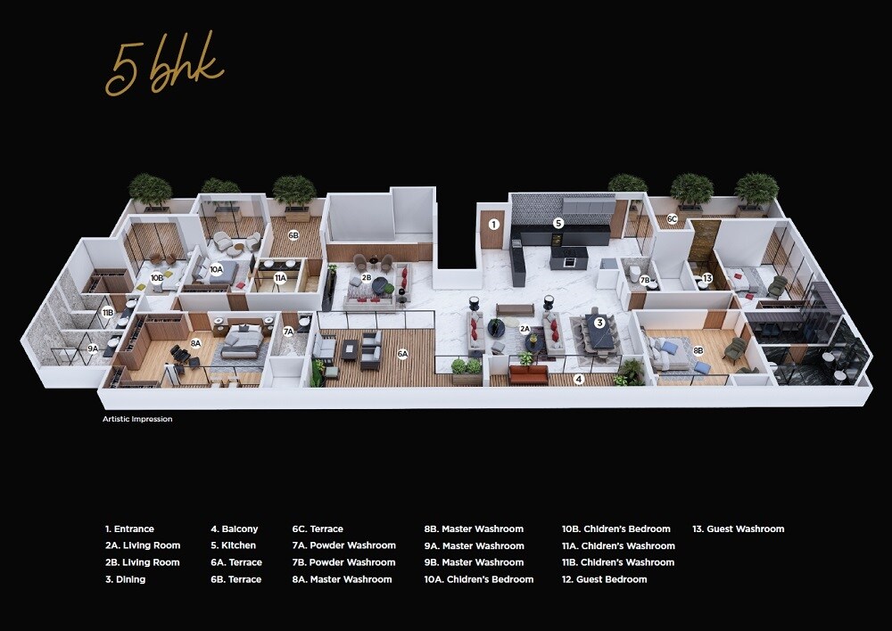 Floor plan of 5 BHK 4726 Sq. Ft. Apartment in Manisha 64 Hills, Pune