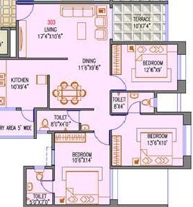 Floor plan of 3 BHK 1204 Sq. Ft. Apartment in Manjri Greens Annexe, Pune