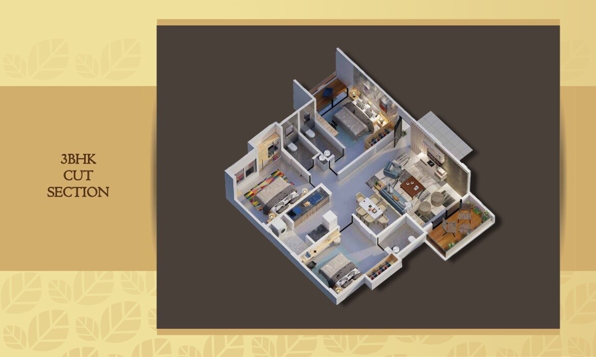 Floor plan of 3 BHK 1189 Sq. Ft. Apartment in Manomay Vishwas, Pune