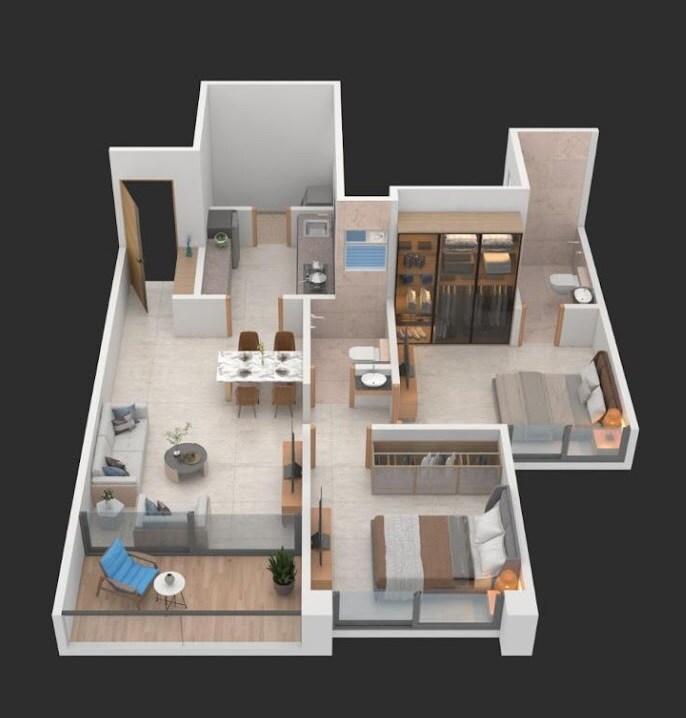Floor plan of 2 BHK 687 Sq. Ft. Apartment in Mansion Sky Meridian, Pune