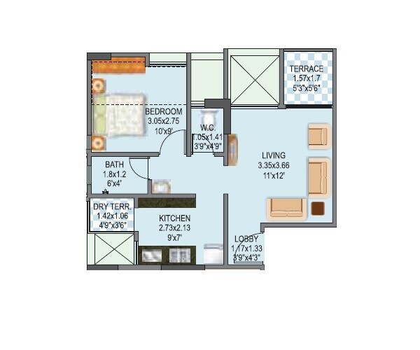 Floor plan of 1 BHK 303 Sq. Ft. Apartment in Mantra 24 West, Pune