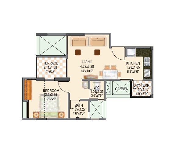 Floor plan of 1 BHK 407 Sq. Ft. Apartment in Mantra 24 West, Pune