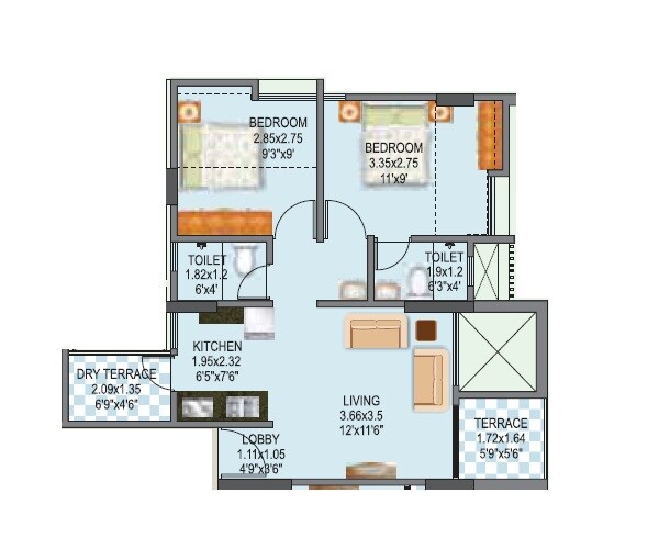 Floor plan of 2 BHK 425 Sq. Ft. Apartment in Mantra 24 West, Pune