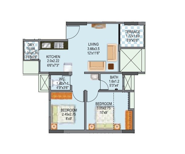 Floor plan of 2 BHK 618 Sq. Ft. Apartment in Mantra 24 West, Pune