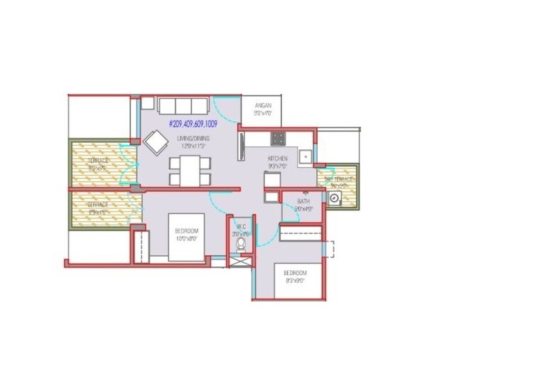 Floor plan of 2 BHK 625 Sq. Ft. Apartment in Mantra 29 Gold Coast, Pune