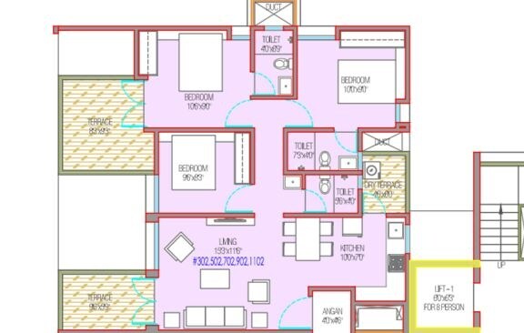 Floor plan of 3 BHK 819 Sq. Ft. Apartment in Mantra 29 Gold Coast, Pune