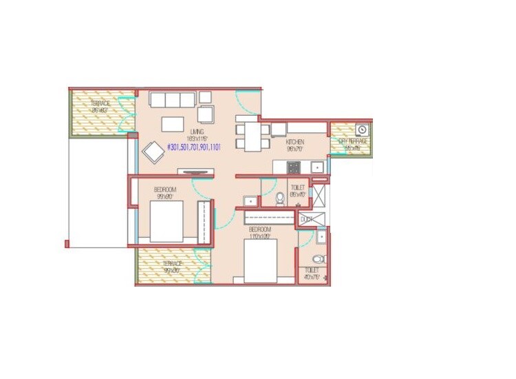Floor plan of 2 BHK 555 Sq. Ft. Apartment in Mantra 29 Gold Coast Phase 3, Pune