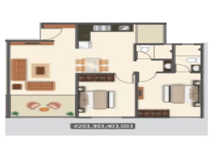 Floor plan of 2 BHK 674 Sq. Ft. Apartment in Mantra 29 Gold Coast Phase 3, Pune