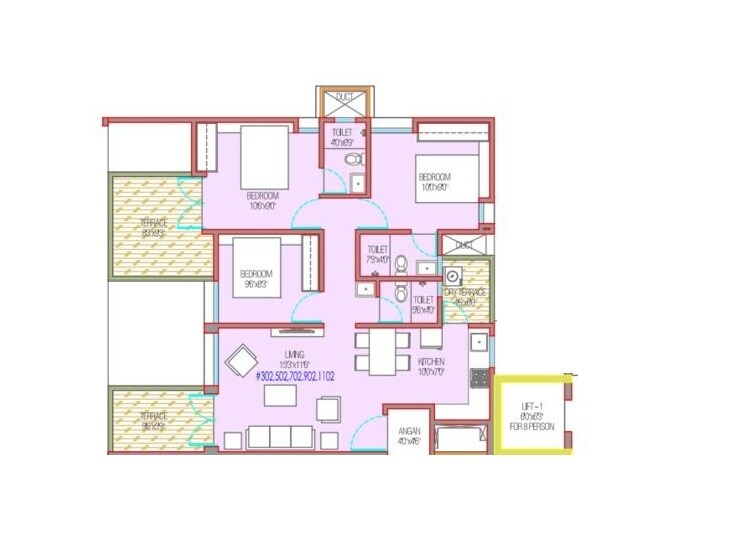 Floor plan of 3 BHK 864 Sq. Ft. Apartment in Mantra 29 Gold Coast Phase 3, Pune