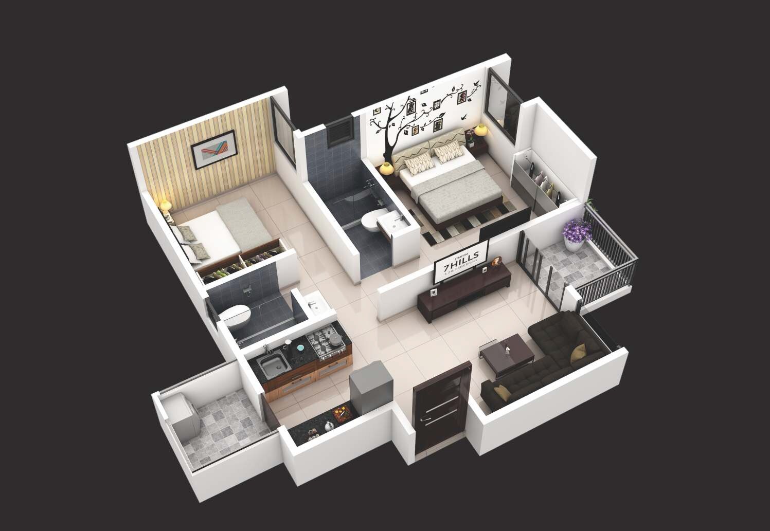 Floor plan of 2 BHK 473 Sq. Ft. Apartment in Mantra 7 Hills, Pune