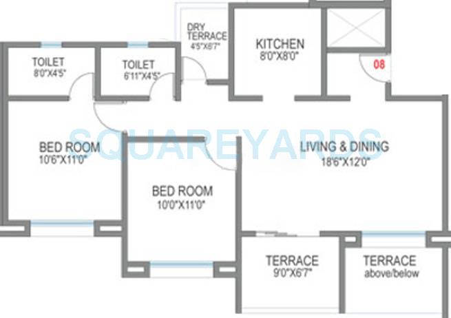 Floor plan of 2 BHK 1020 Sq. Ft. Apartment in Mantra Alkasa, Pune