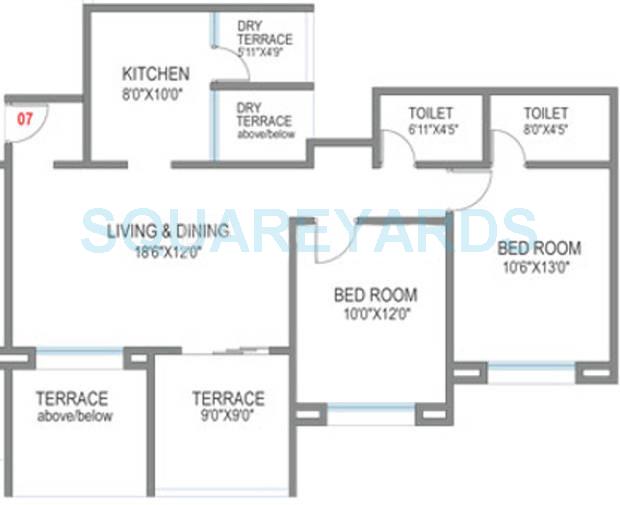 Floor plan of 2 BHK 1030 Sq. Ft. Apartment in Mantra Alkasa, Pune
