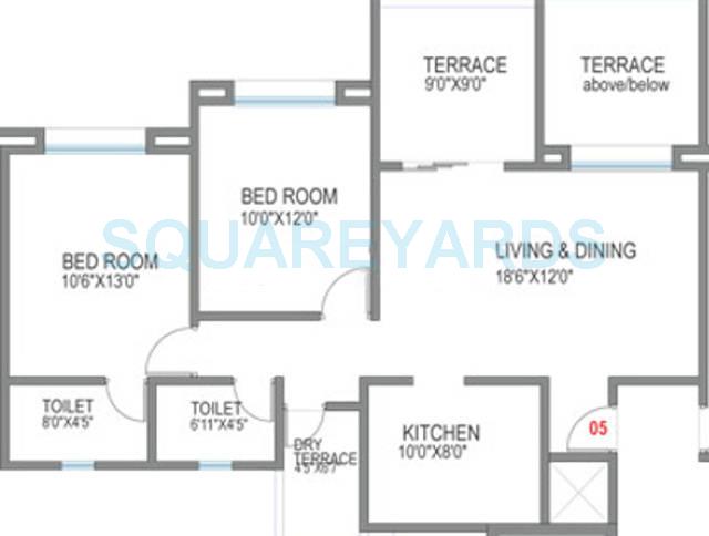 Floor plan of 2 BHK 1110 Sq. Ft. Apartment in Mantra Alkasa, Pune