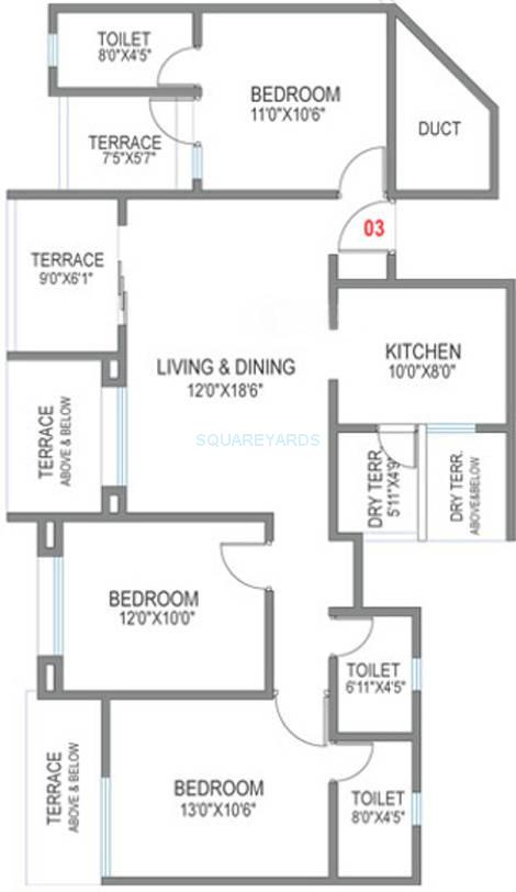 Floor plan of 3 BHK 1338 Sq. Ft. Apartment in Mantra Alkasa, Pune