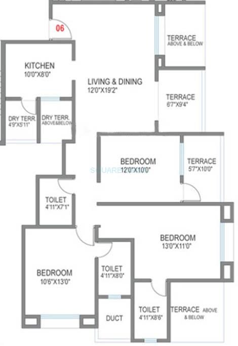 Floor plan of 3 BHK 1490 Sq. Ft. Apartment in Mantra Alkasa, Pune