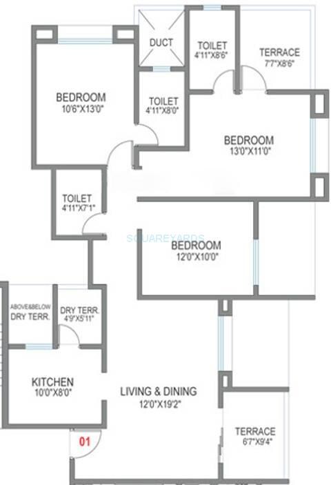 Floor plan of 3 BHK 1502 Sq. Ft. Apartment in Mantra Alkasa, Pune