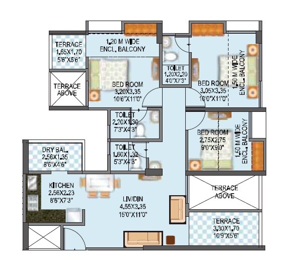 Floor plan of 3 BHK 619 Sq. Ft. Apartment in Mantra Essence, Pune