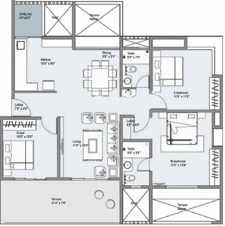 Floor plan of 3 BHK 1007 Sq. Ft. Apartment in Mantra Grandstand Trinity, Pune