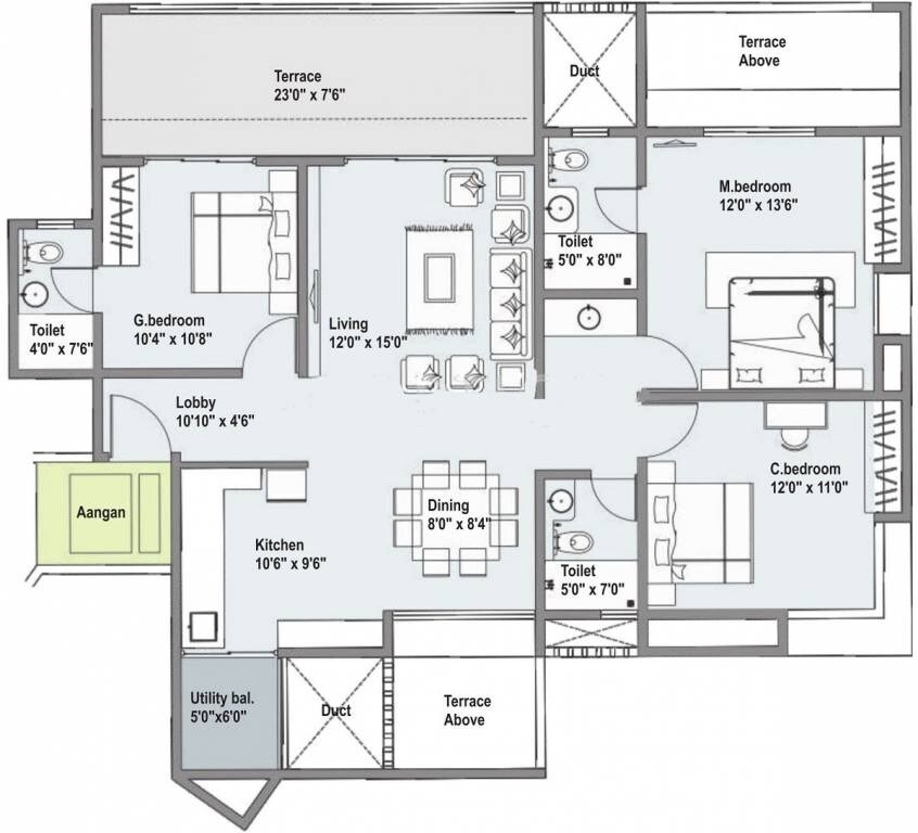 Floor plan of 3 BHK 711 Sq. Ft. Apartment in Mantra Grandstand Trinity, Pune