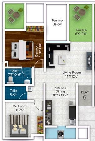 Floor plan of 2 BHK 624 Sq. Ft. Apartment in Mantra Insignia, Pune