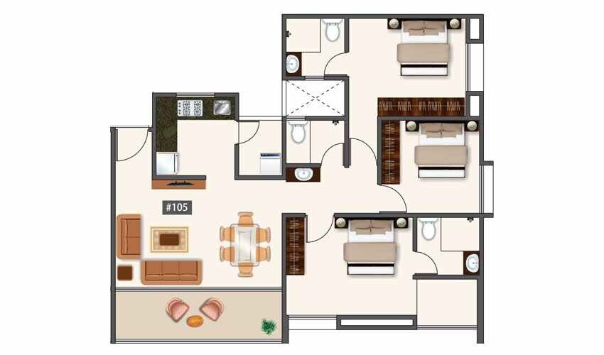 Floor plan of 3 BHK 826 Sq. Ft. Apartment in Mantra Insignia, Pune