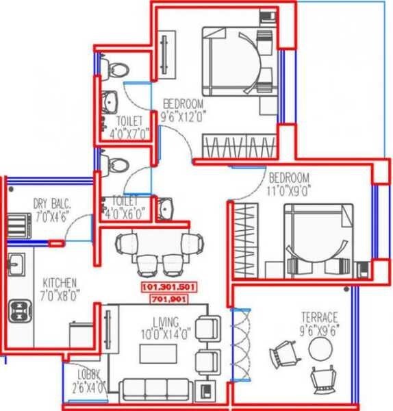 Floor plan of 2 BHK 424 Sq. Ft. Apartment in Mantra Ira, Pune