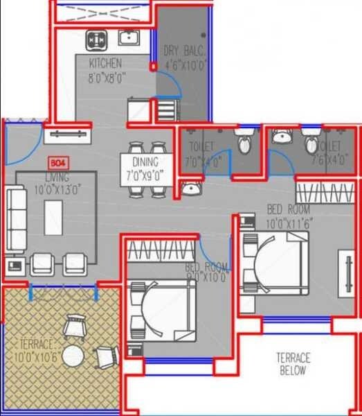 Floor plan of 2 BHK 471 Sq. Ft. Apartment in Mantra Ira, Pune