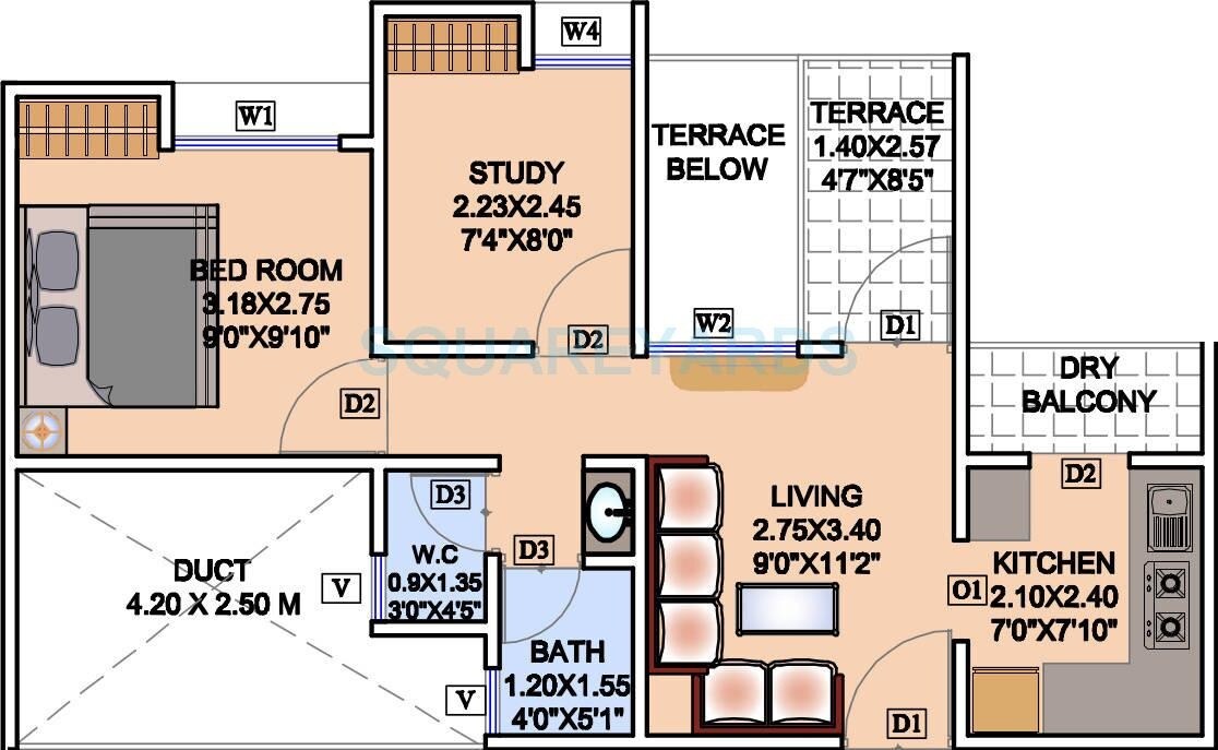 Floor plan of 1 BHK 327 Sq. Ft. Apartment in Mantra Magic, Pune