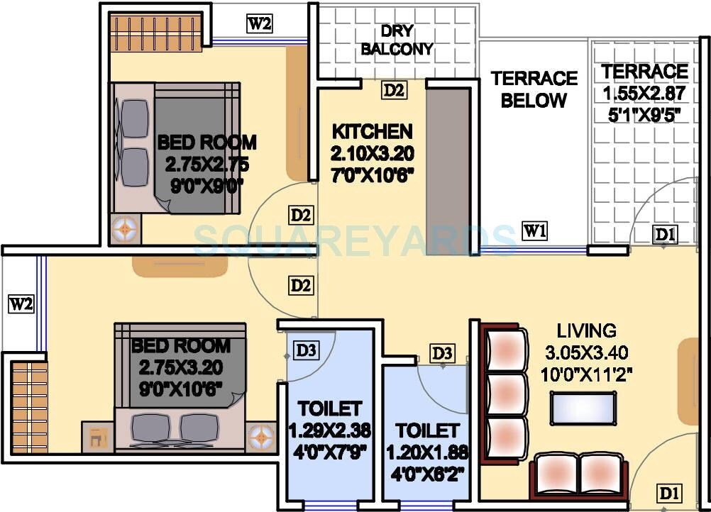 Floor plan of 2 BHK 445 Sq. Ft. Apartment in Mantra Magic, Pune