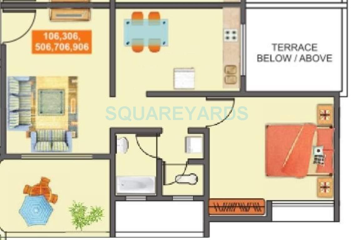 Floor plan of 1 BHK 631 Sq. Ft. Apartment in Mantra Majestica, Pune