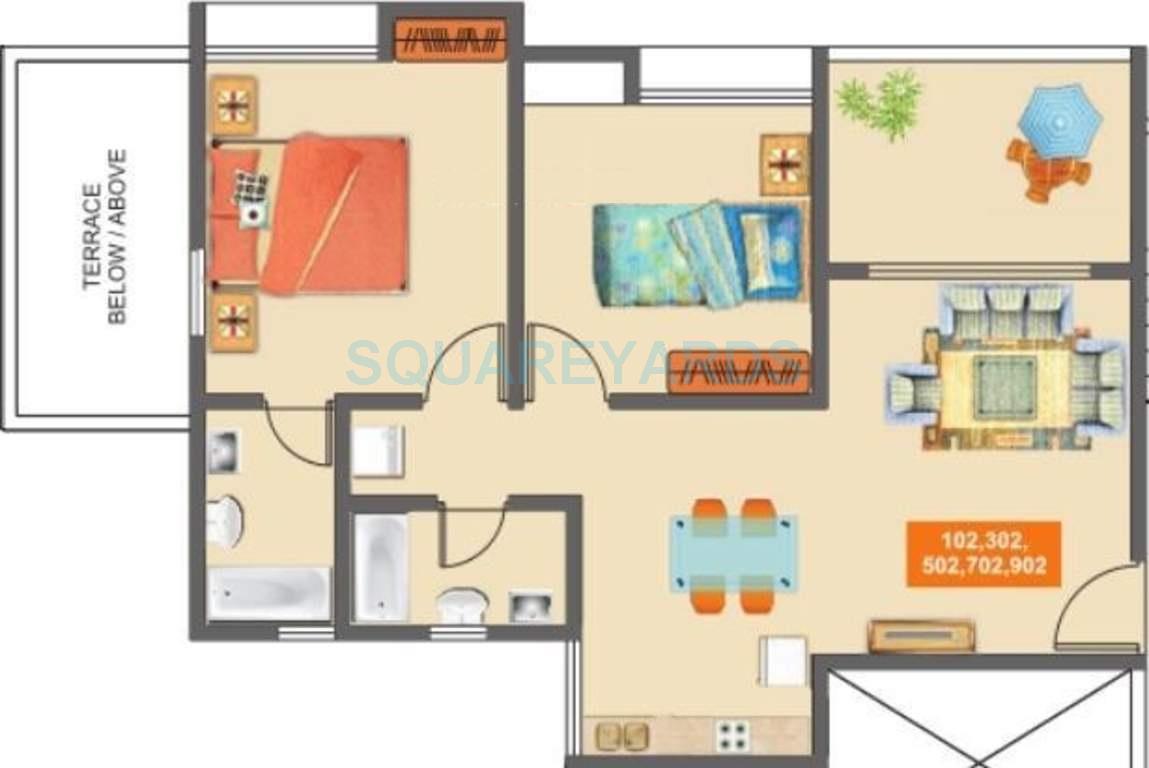 Floor plan of 2 BHK 789 Sq. Ft. Apartment in Mantra Majestica, Pune