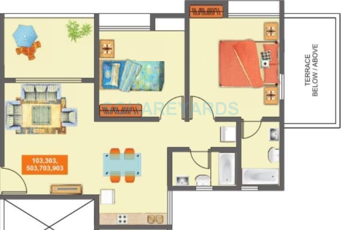 Floor plan of 2 BHK 808 Sq. Ft. Apartment in Mantra Majestica, Pune