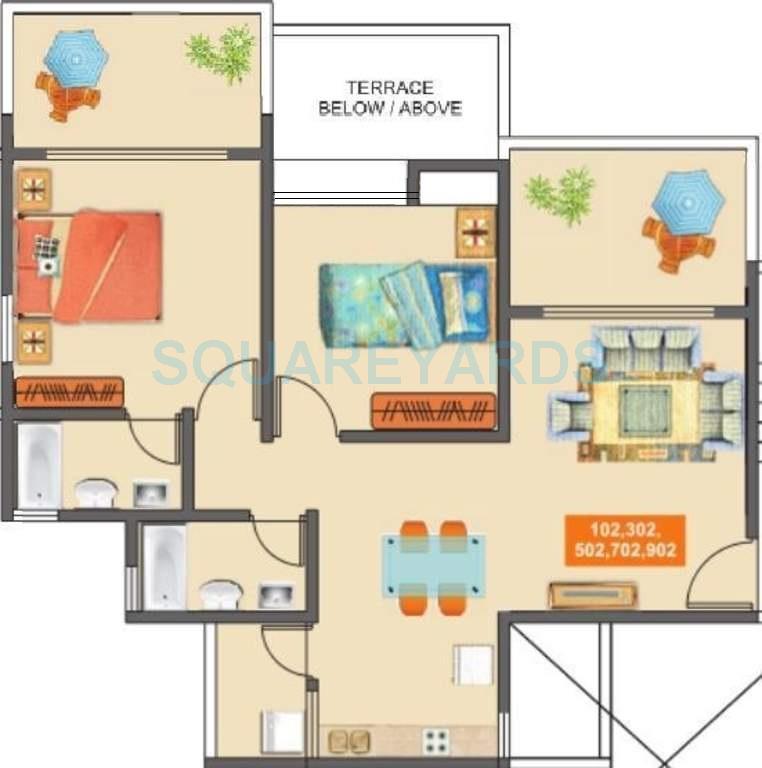 Floor plan of 2 BHK 856 Sq. Ft. Apartment in Mantra Majestica, Pune