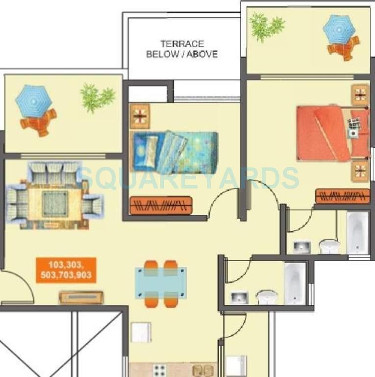 Floor plan of 2 BHK 875 Sq. Ft. Apartment in Mantra Majestica, Pune