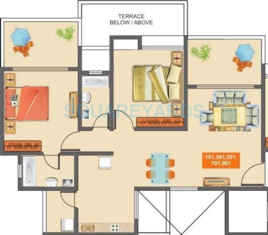 Floor plan of 2 BHK 931 Sq. Ft. Apartment in Mantra Majestica, Pune
