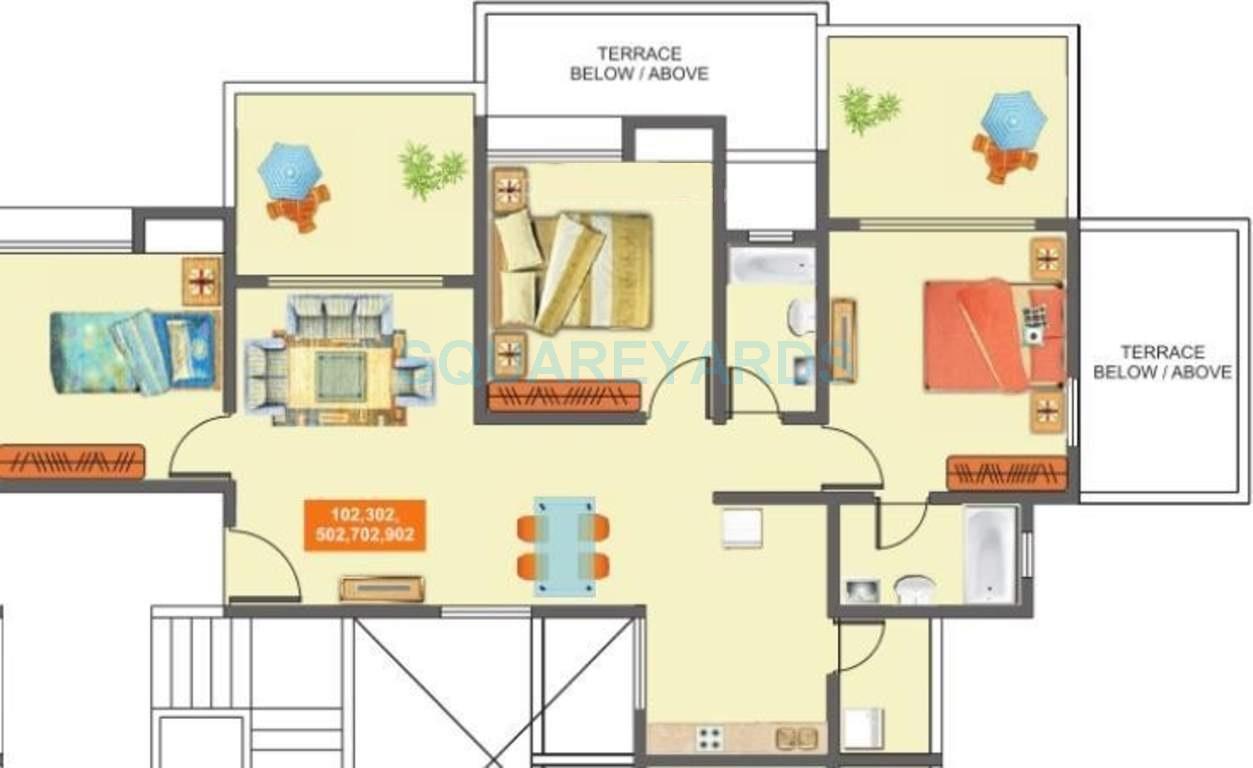 Floor plan of 3 BHK 1102 Sq. Ft. Apartment in Mantra Majestica, Pune