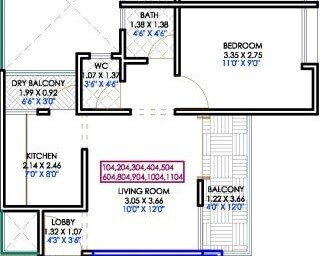 Floor plan of 1 BHK 610 Sq. Ft. Apartment in Mantra Marigold, Pune