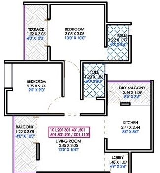 Floor plan of 2 BHK 857 Sq. Ft. Apartment in Mantra Marigold, Pune