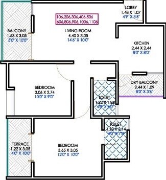 Floor plan of 2 BHK 948 Sq. Ft. Apartment in Mantra Marigold, Pune