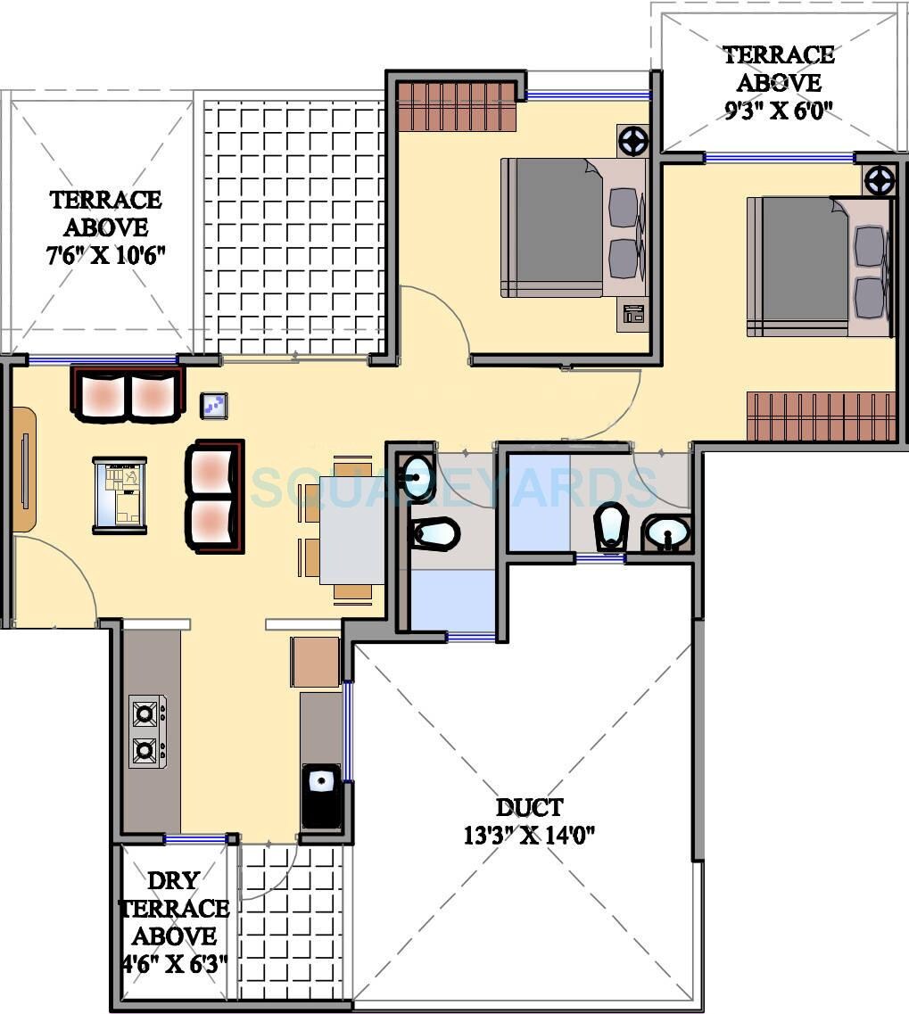 Floor plan of 2 BHK 421 Sq. Ft. Apartment in Mantra Moments, Pune