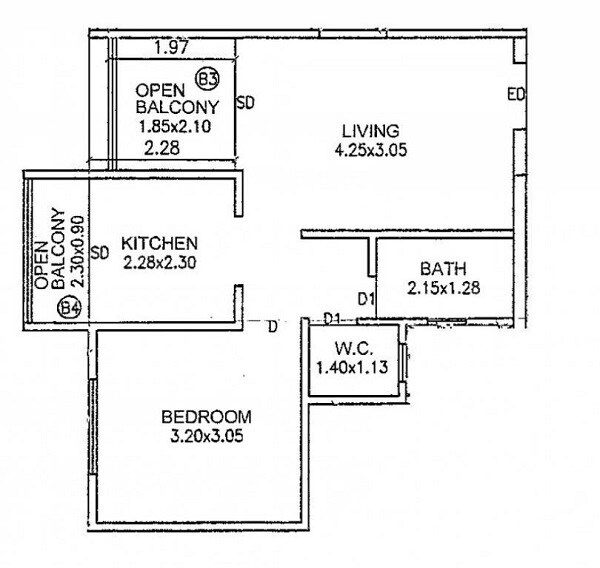 Floor plan of 1 BHK 401 Sq. Ft. Apartment in Mantra Montana Phase 1, Pune