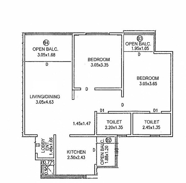 Floor plan of 2 BHK 640 Sq. Ft. Apartment in Mantra Montana Phase 1, Pune