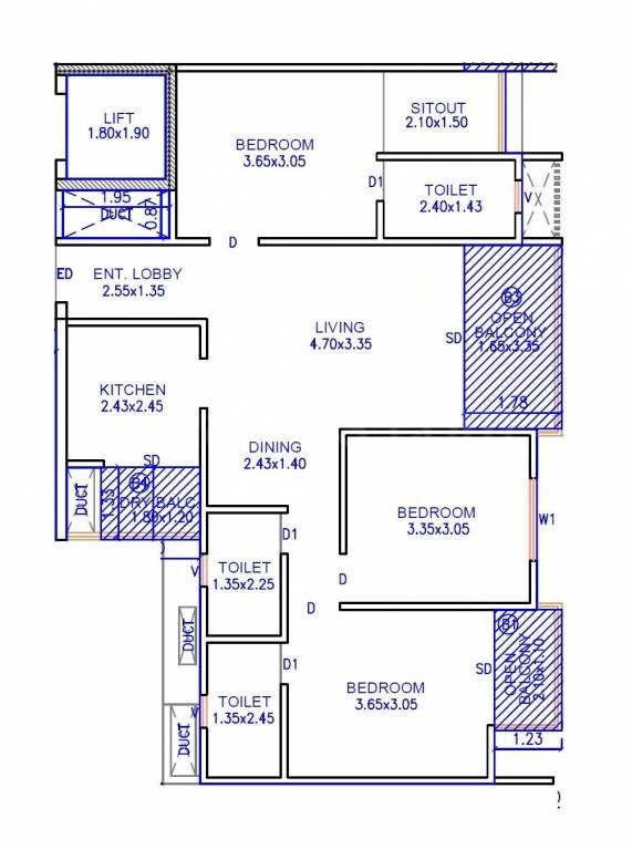 Floor plan of 3 BHK 836 Sq. Ft. Apartment in Mantra Montana Phase 1, Pune